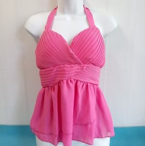 Misope Pink Chiffon Sheer Halter Layered Top Size M